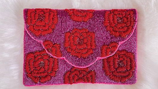 Red Roses On Pink Beaded Clutch by www.thehouseofblondie.com