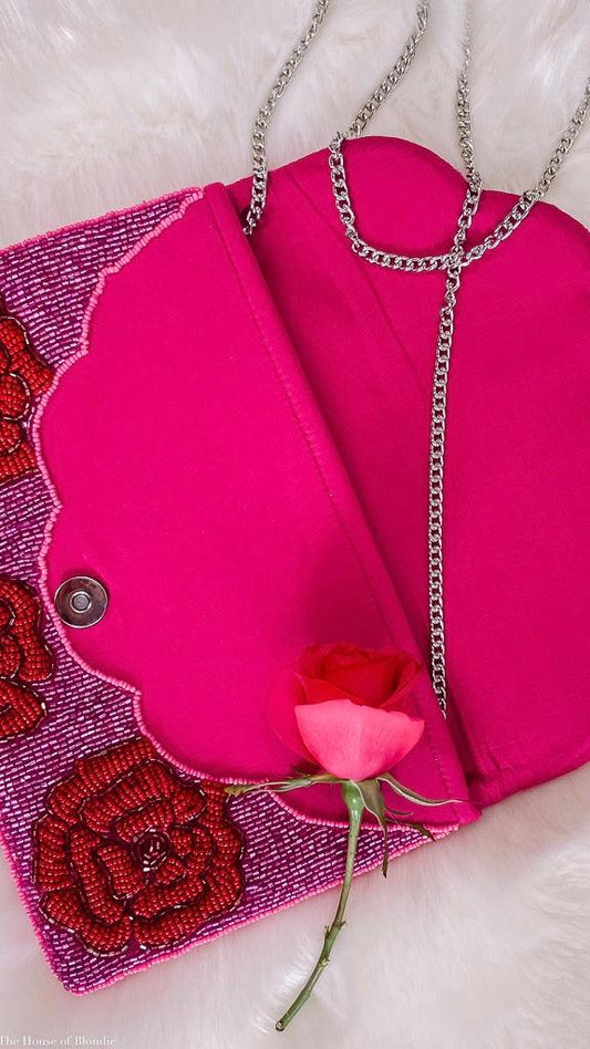 Red Roses On Pink Beaded Clutch by www.thehouseofblondie.com