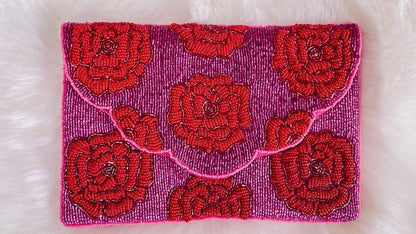 Red Roses On Pink Beaded Clutch by www.thehouseofblondie.com
