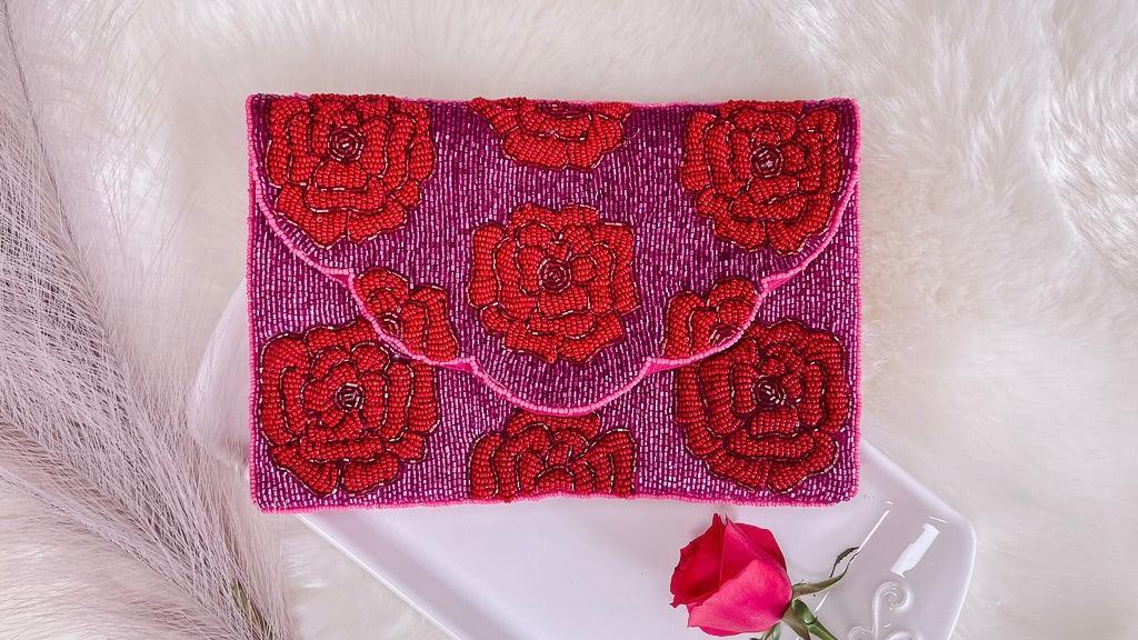 Red Roses On Pink Beaded Clutch by www.thehouseofblondie.com