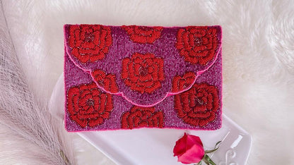 Red Roses On Pink Beaded Clutch by www.thehouseofblondie.com